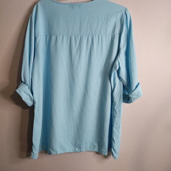 Emily Daniels Women's XL Blouse, Aqua Woven Linen Blend 3/4 Roll-tab Sleeves - Picture 7 of 12